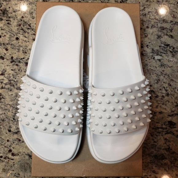 New Christian Louboutin White Leather Pool Sandals with White Spikes 41EU/8US - Picture 6 of 15